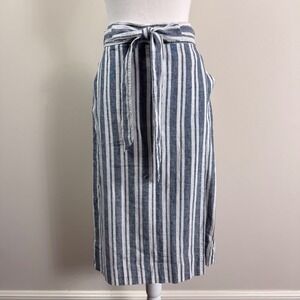 GAP Blue White Striped Linen Blend Wrap Midi Skirt Tie Waist Pockets Nautical